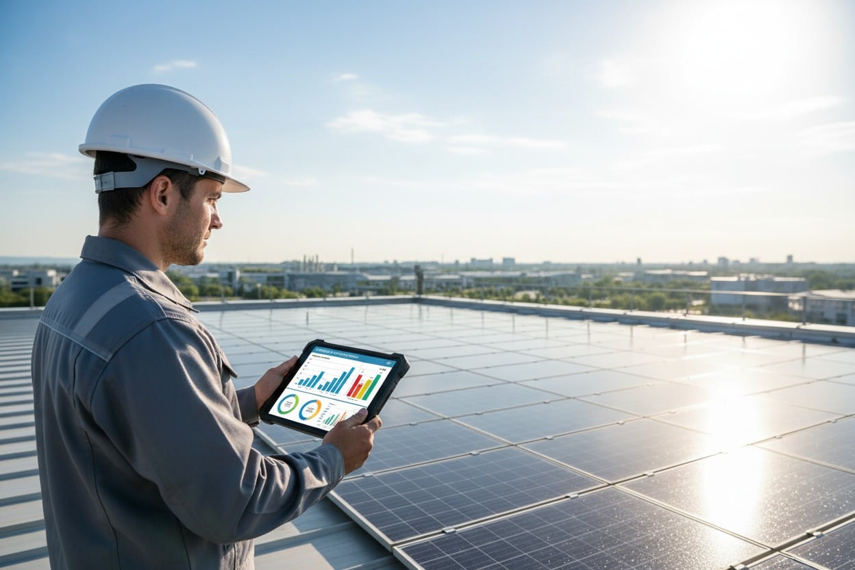 Güneş panelleriyle kaplı bir çatı üzerinde elindeki tabletle enerji verilerini inceleyen baretli bir teknisyen.